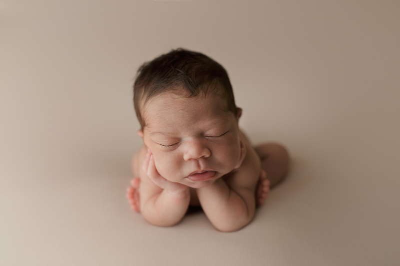 Midlothian, Virginia photographer, newborn baby boy in froggy on beige backdrop