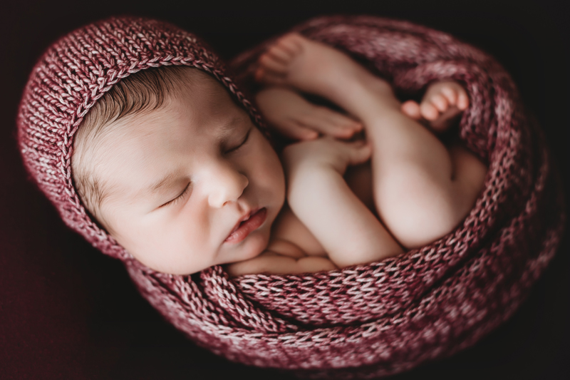 Fort Gregg-Adams, Virginia newborn photographer, newborn girl wrapped in knit egg wrap with Burgundy knit bonnet and wrap